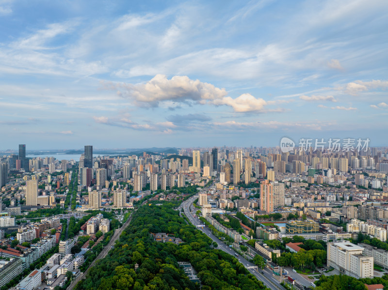 夏季航拍武汉黄鹤楼景区与城市天际线风光