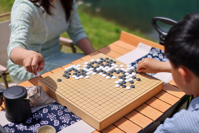 一对在湖边下围棋的母子