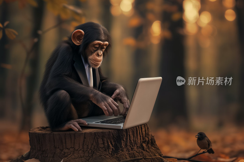 一只穿着正装在使用笔记本电脑的猩猩
