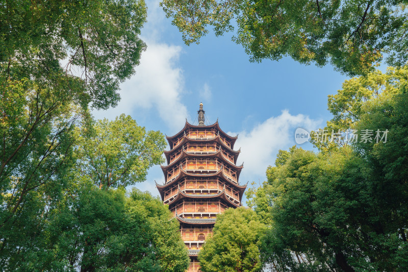 绿树环绕中式宝塔建筑-苏州报恩寺塔