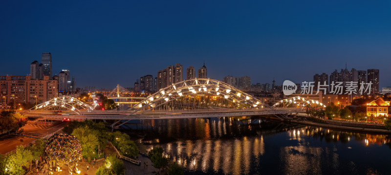 天津海河刘庄直沽桥日落城市建筑夜景航拍