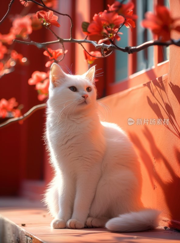 春日暖阳红墙白猫可爱猫咪晒太阳背景