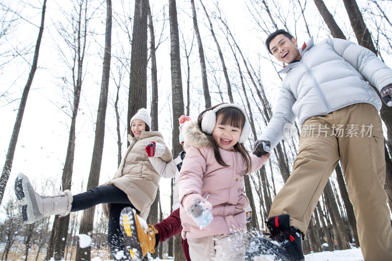 雪地里玩耍的欢乐家庭