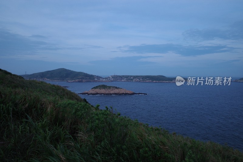 海边植被覆盖的岩石海岸景观