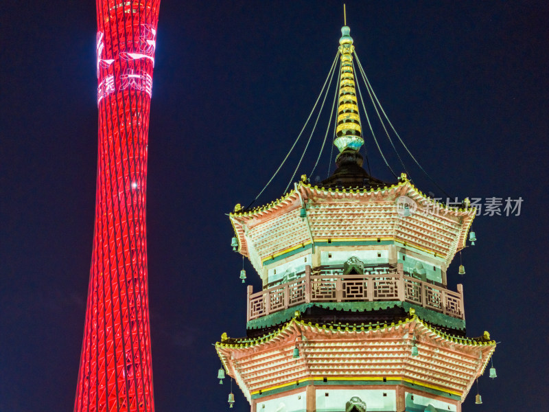 广州双塔同框广州塔赤岗塔航拍夜景高清照片