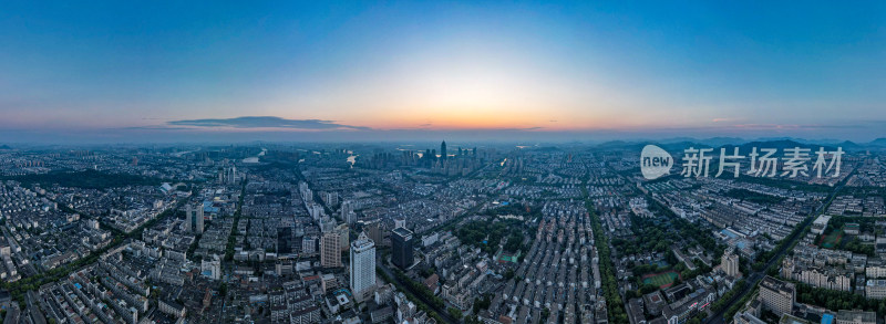 浙江绍兴城市清晨日出航拍全景图