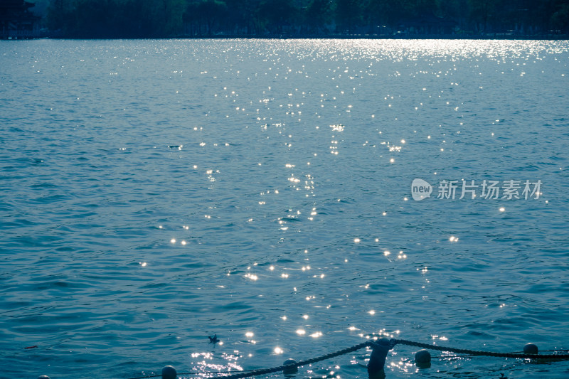 晴天阳光照耀在湖面的波纹上泛起光芒