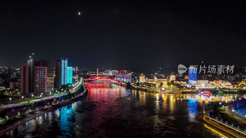 四川宜宾三江交汇处合江楼夜景灯光航拍图