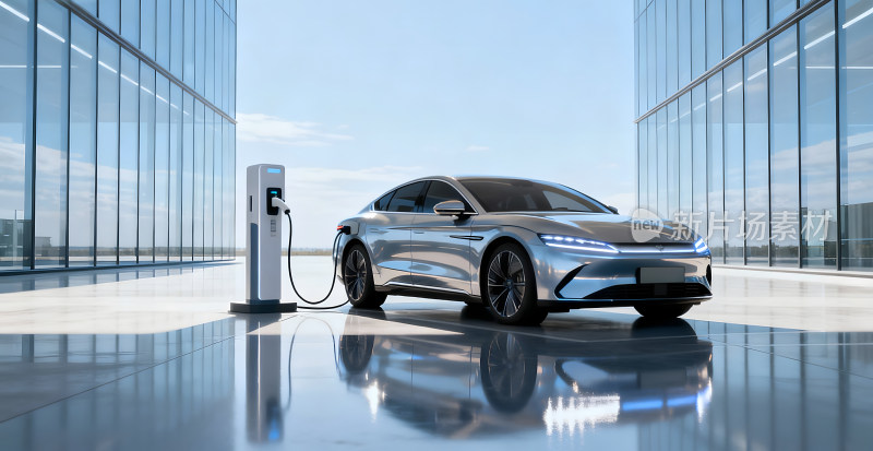 电动汽车在现代化建筑旁充电