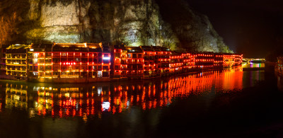 中国苗族侗族自治州镇远古镇夜景航拍风光