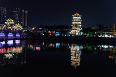 四川德阳罗江区文峰双塔夜景及凯江