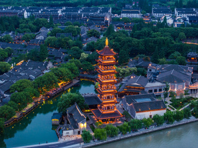 航拍江南水乡古镇乌镇夜景