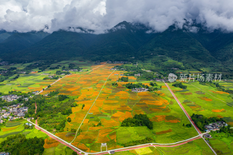 山间多彩梯田与村落的航拍全景