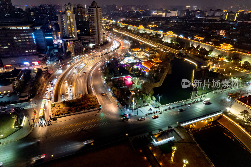 西安城墙永宁门夜景灯光航拍摄影图