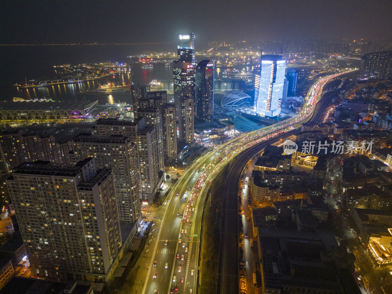 青岛立交桥夜景航拍风光