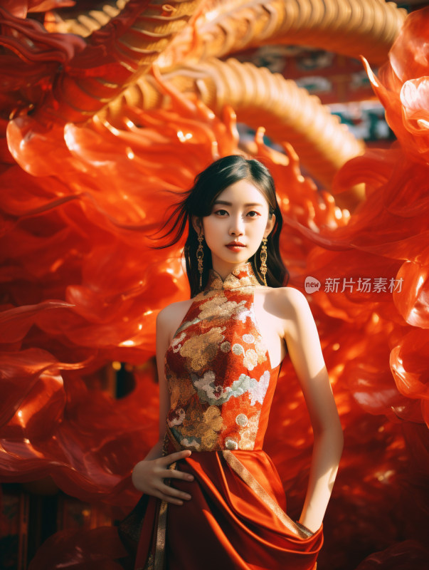 穿红色旗袍舞龙的中国美少女