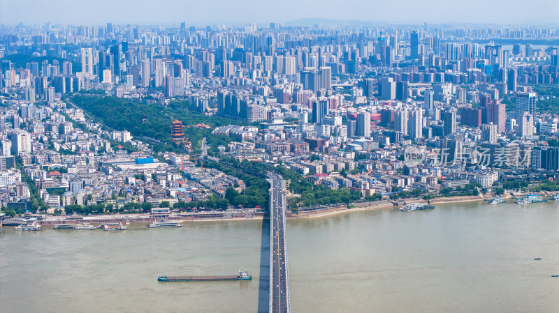 武汉城市江景桥梁黄鹤楼及两岸高楼鸟瞰全景