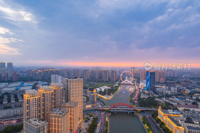 海河天津之眼旅游景区城市日落晚霞夜景航拍