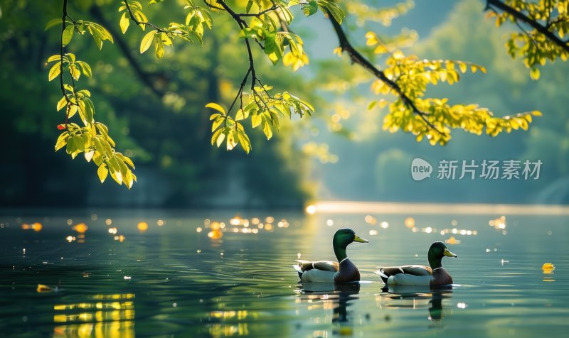 湖边鸭子春江水暖宁静悠闲湖泊背景