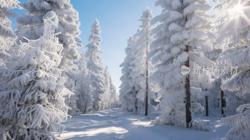 冬季雪山林中被冰雪覆盖着的树