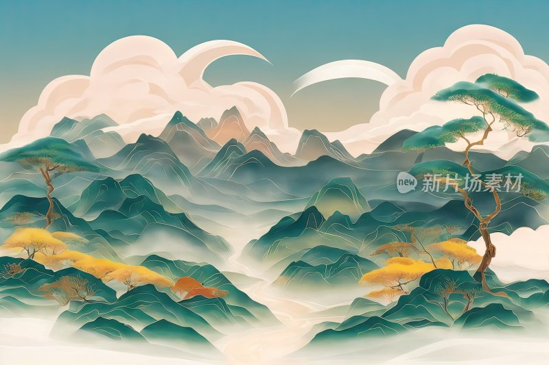 中国风国潮山水画