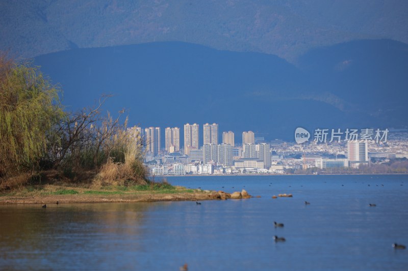 蓝天白云下的连绵山脉苍山洱海壮丽景象