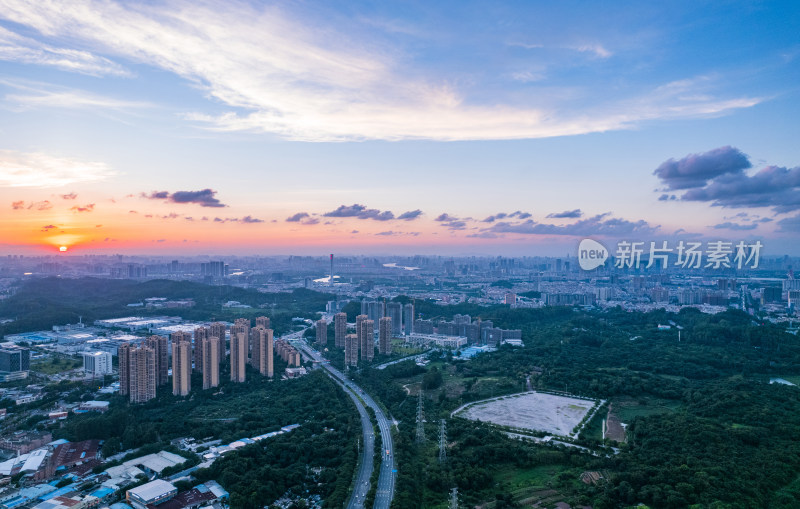 广州番禺城市建筑群与火烧云夕阳晚霞航拍