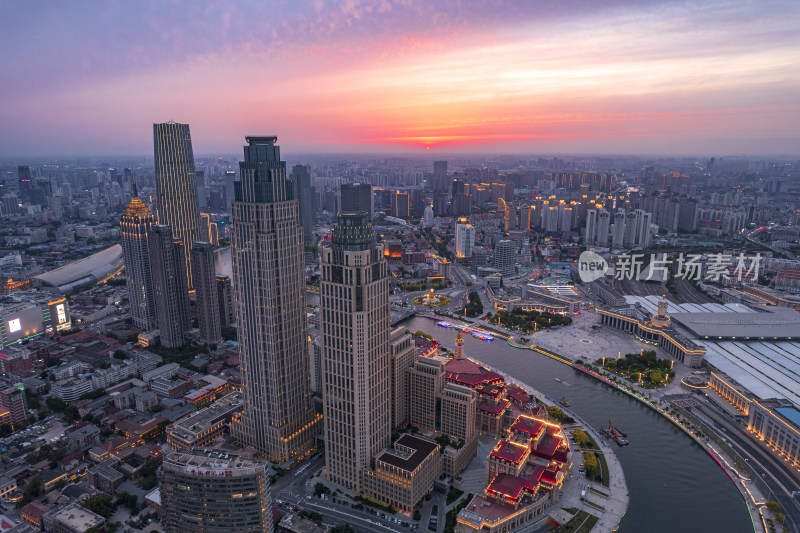 天津海河建筑津湾城市夜景日落晚霞风光