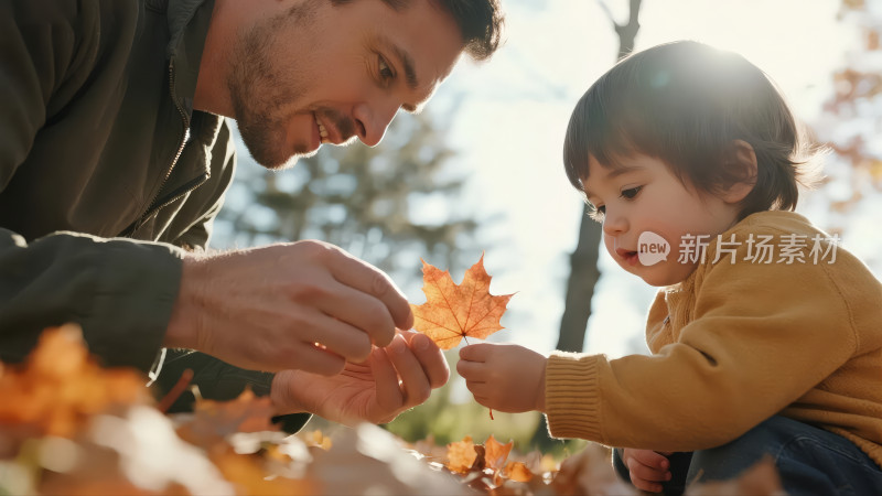 父亲与孩子在秋季公园玩落叶的亲情