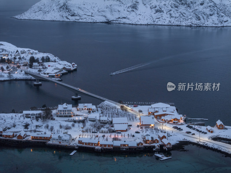 挪威罗弗敦群岛北极圈雷纳冬季雪景高空航拍