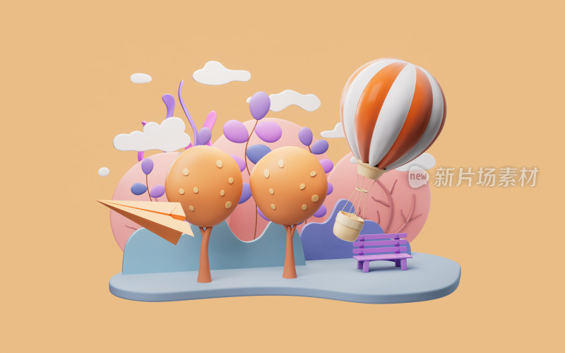 热气球与卡通风格背景3D渲染