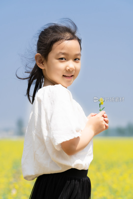 夏天站在油菜花田边拿着野花的女孩