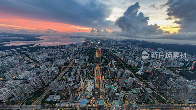 深圳福田CBD航拍夜景晚霞