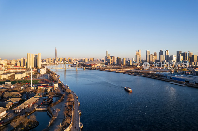 天津滨海新区海河塘沽湾城市风光航拍