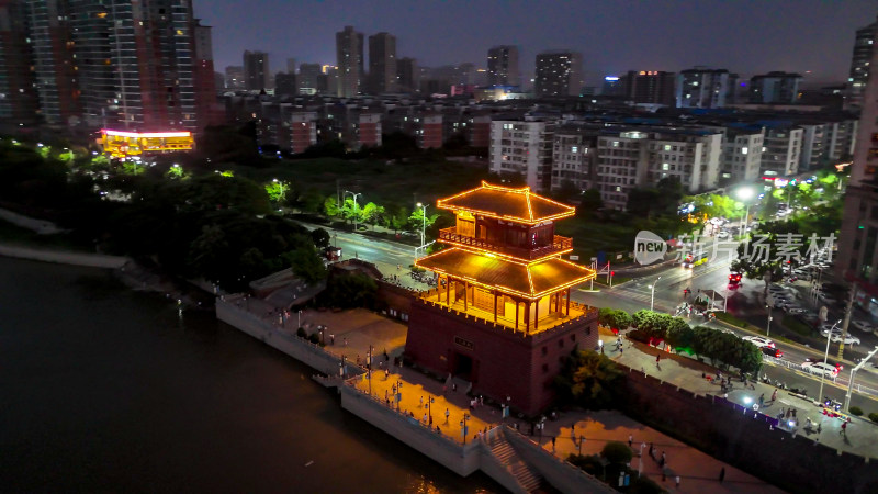 航拍湖北鄂州武昌门夜景灯光