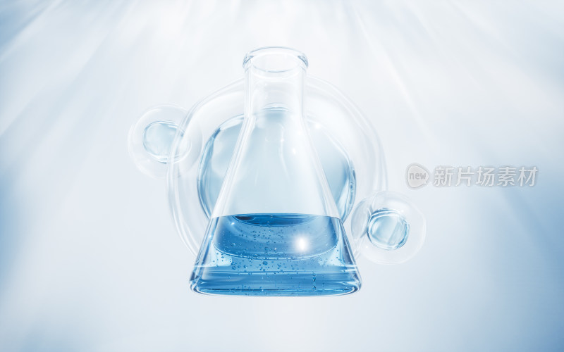 化学仪器锥形瓶与水珠背景3D渲染