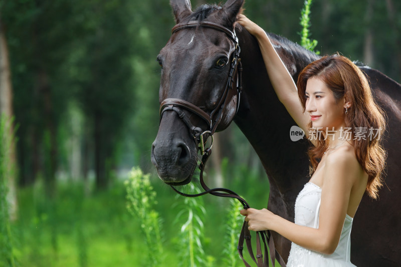 树林里漂亮的青年女人牵着马