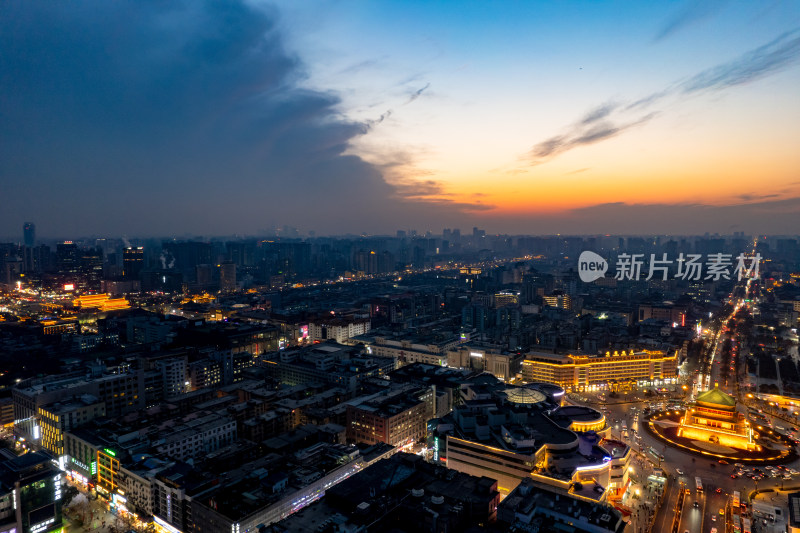 西安晚霞夜幕降临夜景灯光航拍摄影图