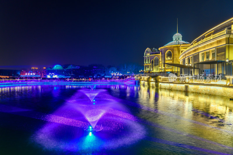北京城市夜景彩色灯光秀与水面倒影