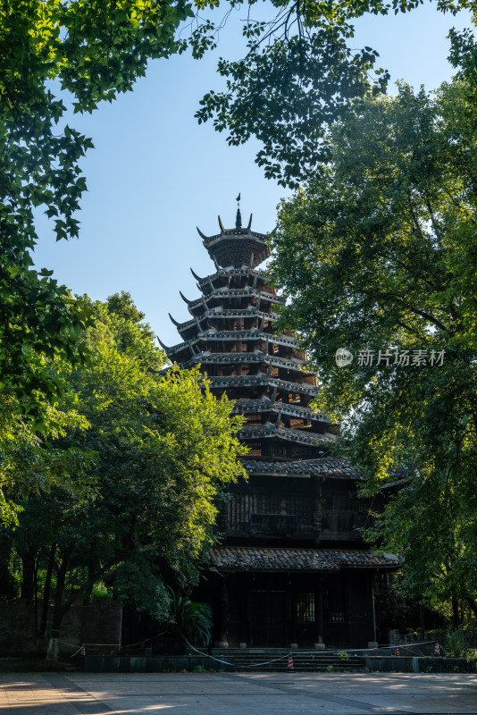 湖南长沙烈士公园侗寨鼓楼木制建筑物