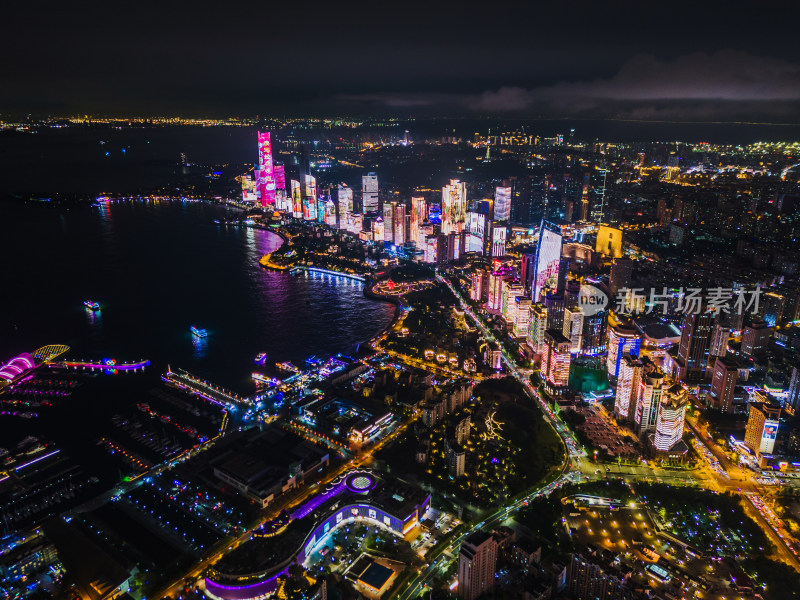 中国山东青岛城市夜景灯光秀航拍延时海边