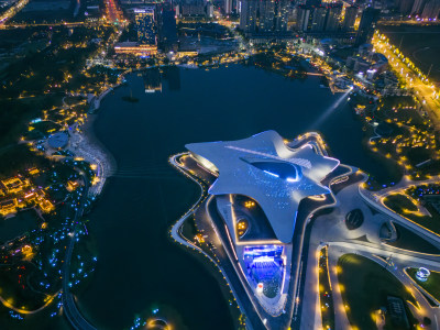 成都市郫都区菁蓉湖成都科幻馆夜景航拍