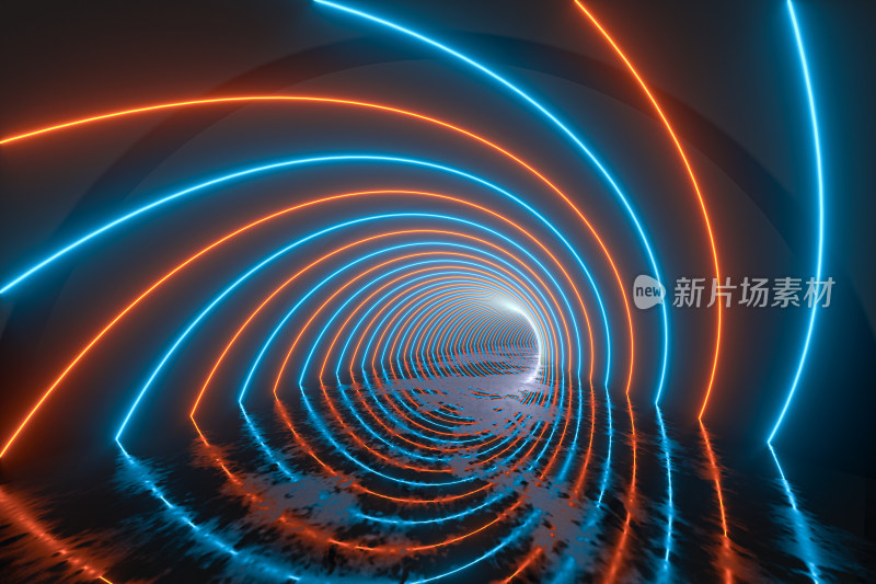 黑暗隧道内的发光曲线 3D渲染