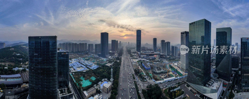 山东济南城市日落晚霞夕阳航拍全景图