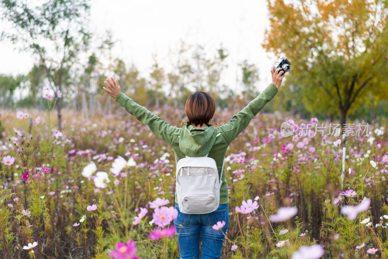 站在花丛中摄影的中国籍女性背影
