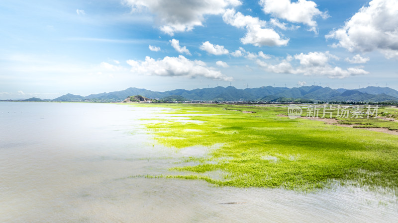 航拍蓝天白云下象山西泽岸边风景