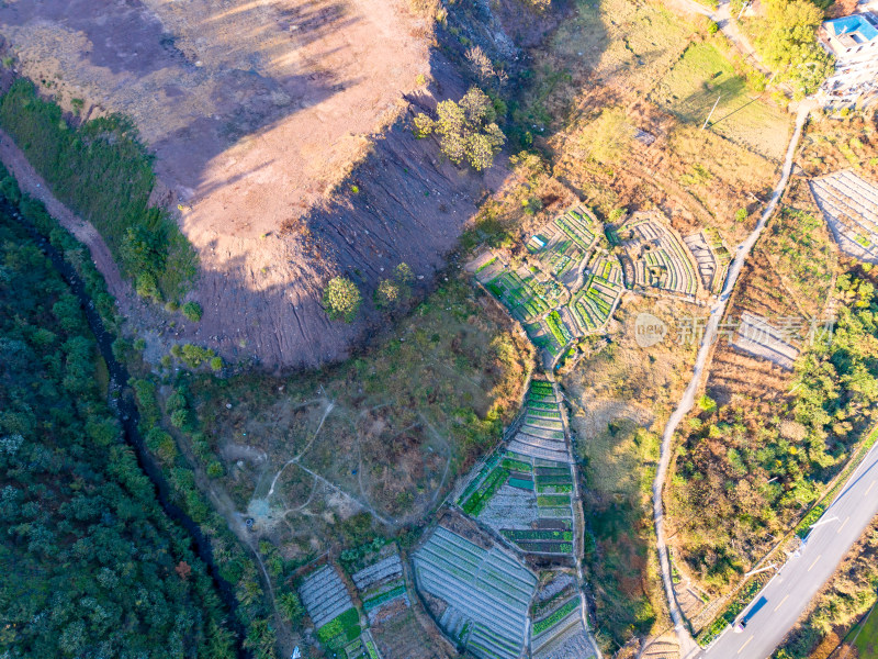 航拍大山乡村公路农田