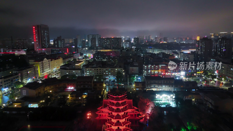 甘肃张掖中心广场张掖木塔寺夜景航拍