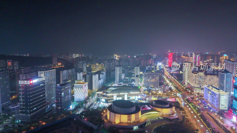 青海西宁市海湖新区海湖广场CBD夜景航拍