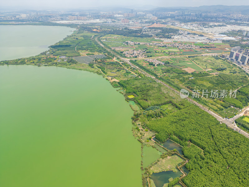 航拍昆明滇池捞鱼河湿地公园景观